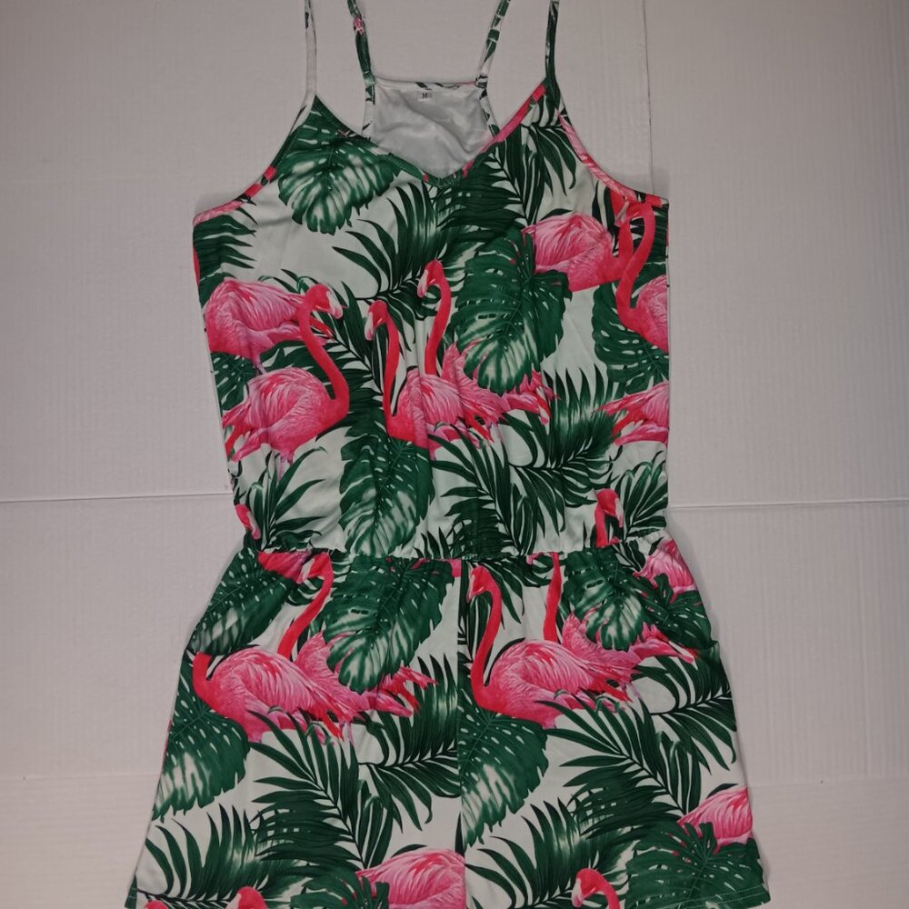 WOMEN'S FLAMINGOS TROPICAL LEAVES POCKET ROMPER - Picture 6 of 12
